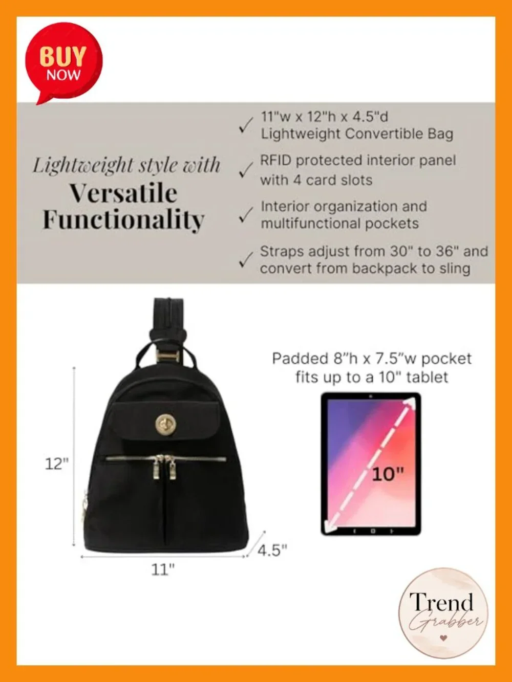 Lightweight Convertible Backpack Travel Sling Crossbody w/ RFID & Padded Tablet